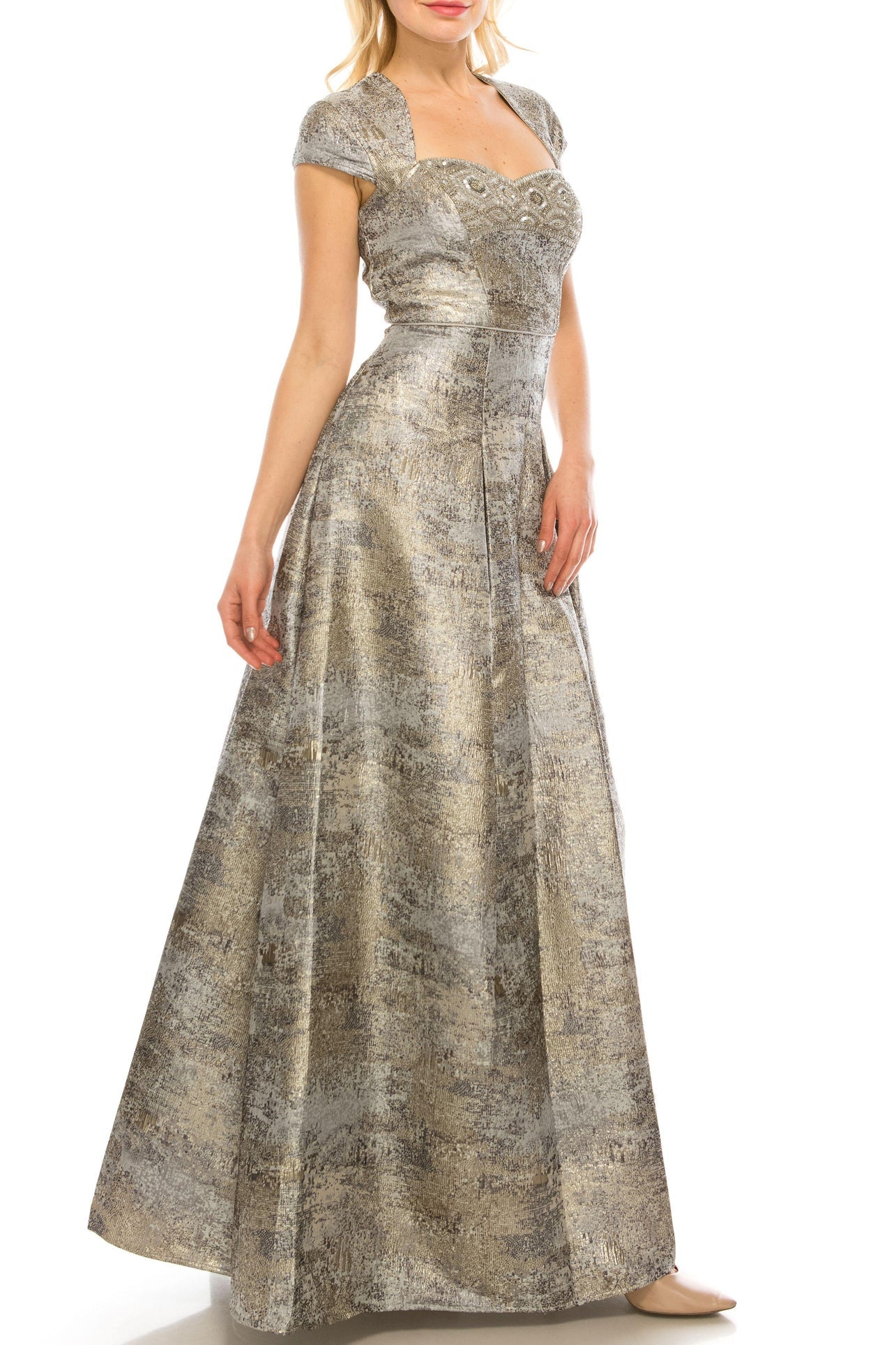 Aidan Mattox Queen Anne Neck Cap Sleeve Bodycon Box Pleat A Line Cutout Back Metallic Jacquard Gown