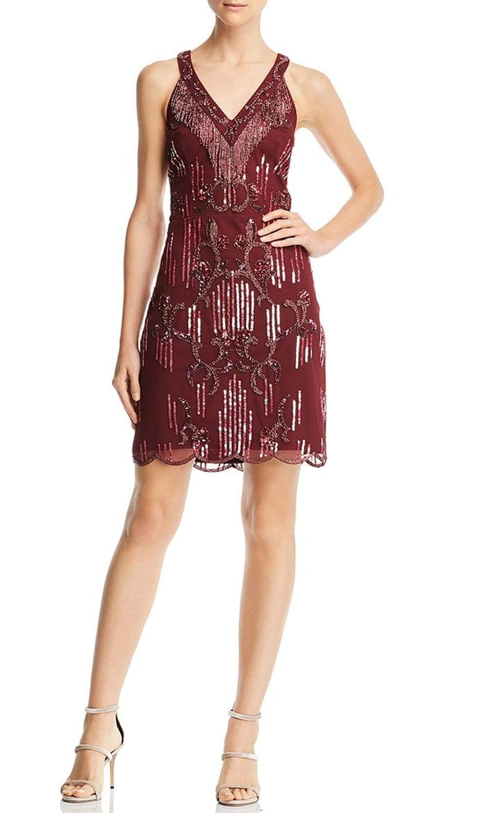 Aidan Mattox V-Neck Sleeveless Zipper Back Embellished Mesh Dress