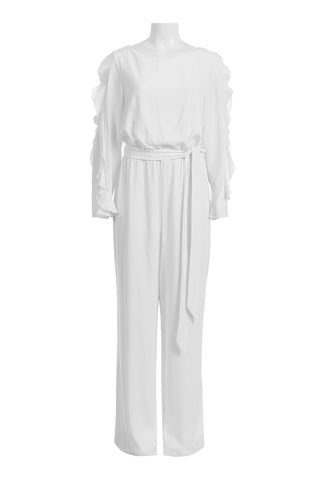 Adrianna Papell Boat Neck Ruffled Long Sleeve Tie Waist Zipper Back Solid Jumpsuit