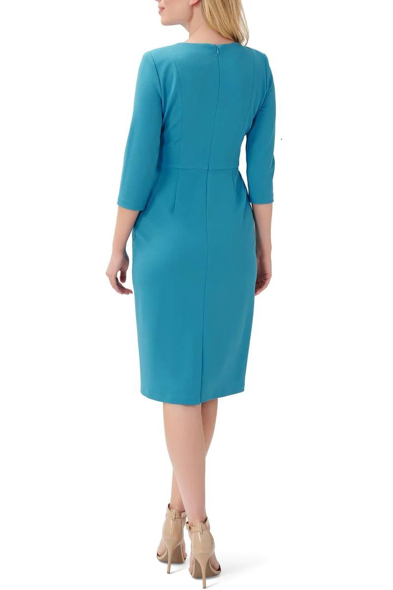 Adrianna Papell Crew Neck 3/4 Sleeve Tie Waist Bodycon Zipper Back Solid Knit Crepe Dress | Available at Curated Brands in Los Angeles Adrianna Papell Crew Neck 3/4 Sleeve Tie Waist Bodycon Zipper Back Solid Knit Crepe Dress | Available at Curated Brands in Los Angeles