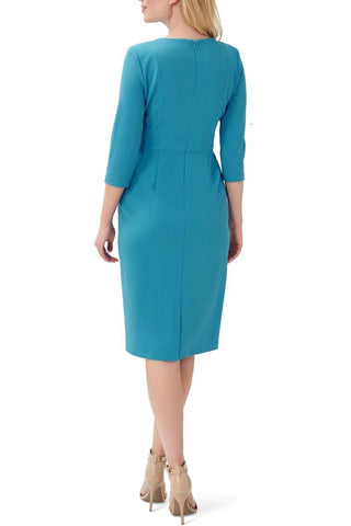 Adrianna Papell Crew Neck 3/4 Sleeve Tie Waist Bodycon Zipper Back Solid Knit Crepe Dress - DAZZLING OCEAN - Back 