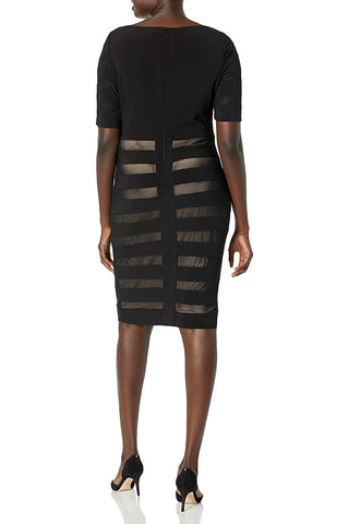 Adrianna Papell Boat Neck Short Sleeve Illusion Zipper Back Jersey Mesh Dress - BLACK PALE PINK - Back view