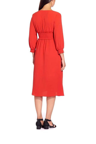 Adrianna Papell V-Neck Long Sleeve Ruched Flutter Solid Polyester Dress