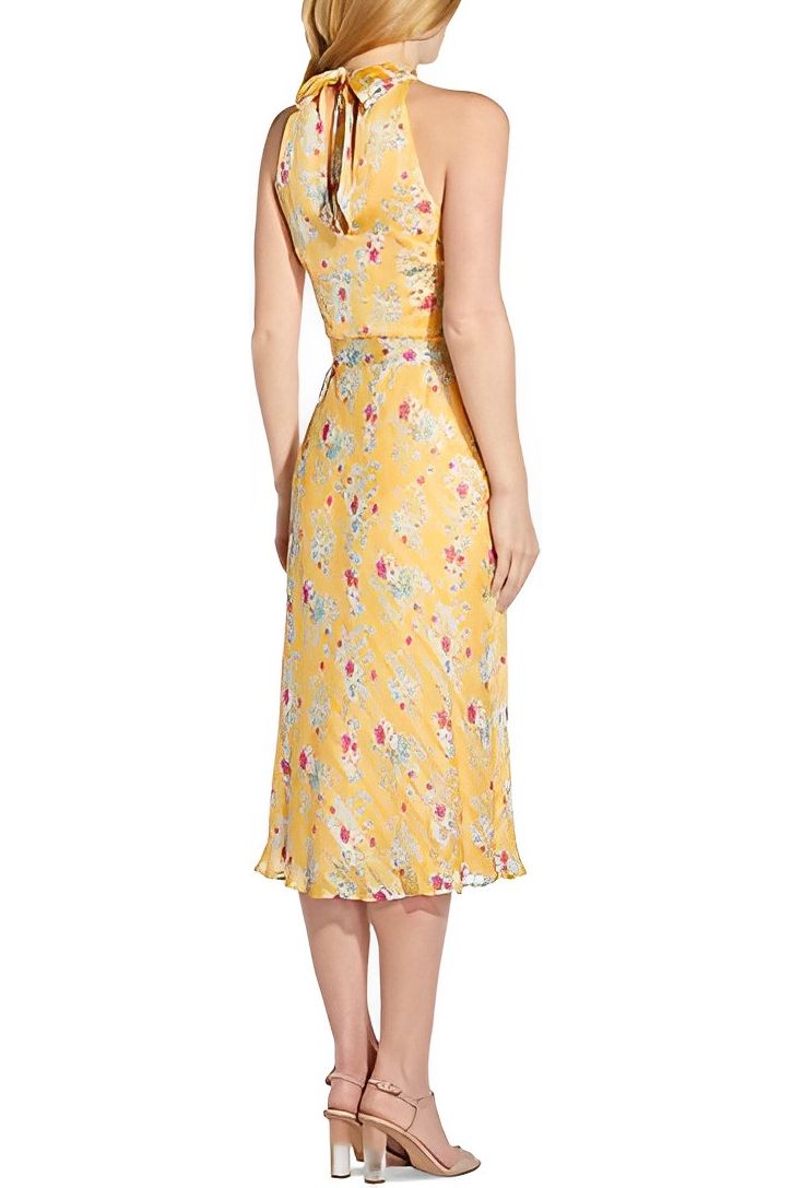 Adrianna Papell Halter Tie Keyhole Back Floral Print Polyester Dress