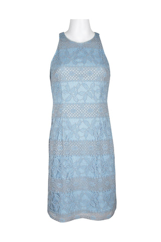 Adrianna Papell Crew Neck Racer Zipper Back Lace Dress_Blue Lilac_Front View
