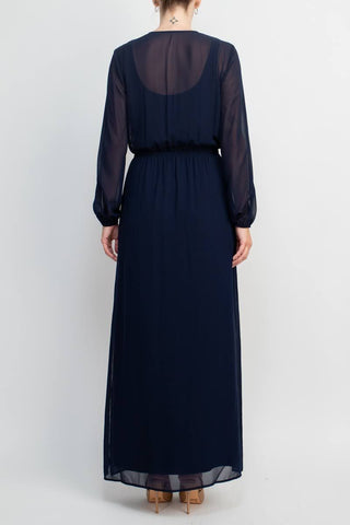 Adrianna Papell V-Neck Illusion Elastic Cuff Long Sleeve Slit Side Chiffon Dress