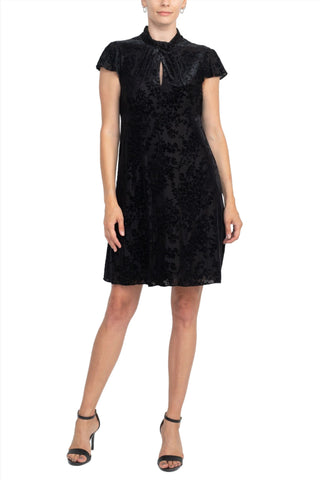 Adrianna Papell High Mock Neck Empire Waist Cap Flare Sleeves Velvet Short Dress| Available at Curated Brands in Los Angeles Adrianna Papell High Mock Neck Empire Waist Cap Flare Sleeves Velvet Short Dress| Available at Curated Brands in Los Angeles