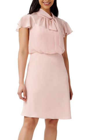 Adrianna Papell Tie Neck Illusion Sleeve Keyhole Back A-Line Crepe Chiffon Dress