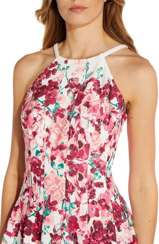 Adrianna Papell halter neck pleated zipper closure A-line floral print stretch crepe dress