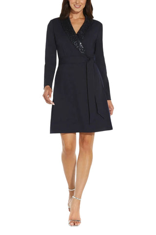 Adrianna Papell Sequin Shawl Lapel Surplice V- Neckline Long Sleeve Back Zipper Short Crepe Dress