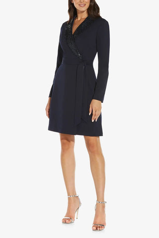 Adrianna Papell Sequin Shawl Lapel Surplice V- Neckline Long Sleeve Back Zipper Short Crepe Dress