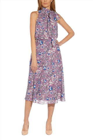 Adrianna Papell Tie Halter Neck Sleeveless Blouson Floral Print Fit & Flare Chiffon Dress