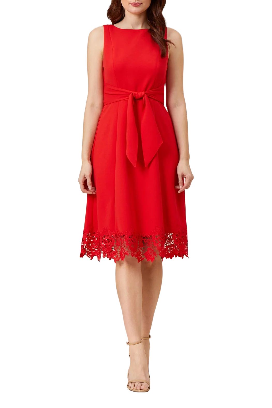 Adrianna Papell Day Stretch Knit Crepe Midi-Length Fit and Flare Crepe Dress with Lace Trim | Available at Curated Brands in Los Angeles Adrianna Papell Day Stretch Knit Crepe Midi-Length Fit and Flare Crepe Dress with Lace Trim | Available at Curated Brands in Los Angeles