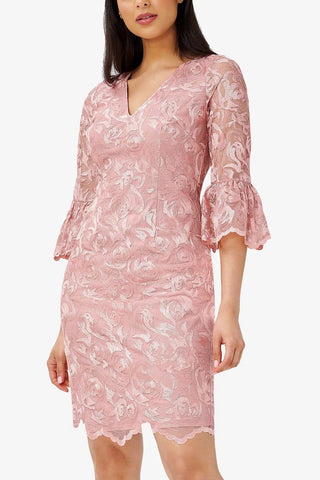 Adrianna Papell Day V-Neck Back Zipper ¾ Bell Sleeves Short Embroidered Dress