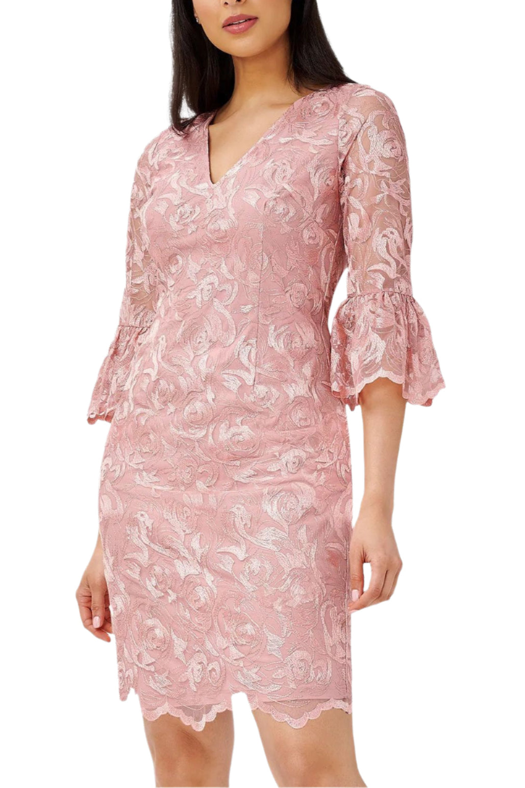 Adrianna Papell Day V-Neck Back Zipper 3/4 Bell Sleeves Short Embroidered Dress | Available at Curated Brands in Los Angeles Adrianna Papell Day V-Neck Back Zipper 3/4 Bell Sleeves Short Embroidered Dress | Available at Curated Brands in Los Angeles