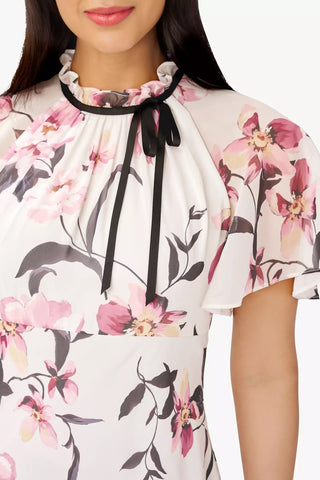 Adrianna Papell Halter Neck Short Flutter Sleeves Back Zipper Midi Floral Dress