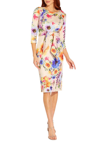 Adrianna Papell Floral Print Tie Front Midi Sheath Dress - PRALINE MULTI - Front view