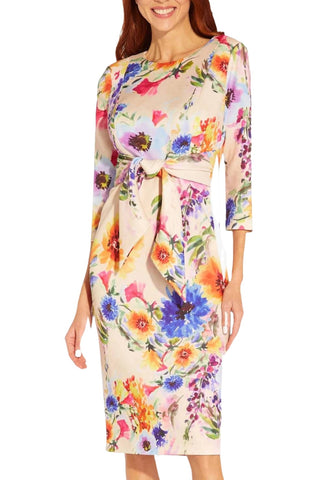 Adrianna Papell Floral Print Tie Front Midi Sheath Dress - PRALINE MULTI - Fabric 