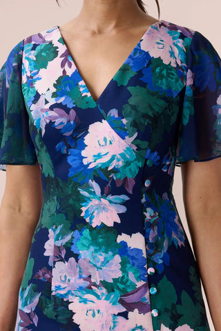 Adrianna Papell V-Neck Short Sleeve Floral-Print Stretch Twill and Chiffon Short Dress