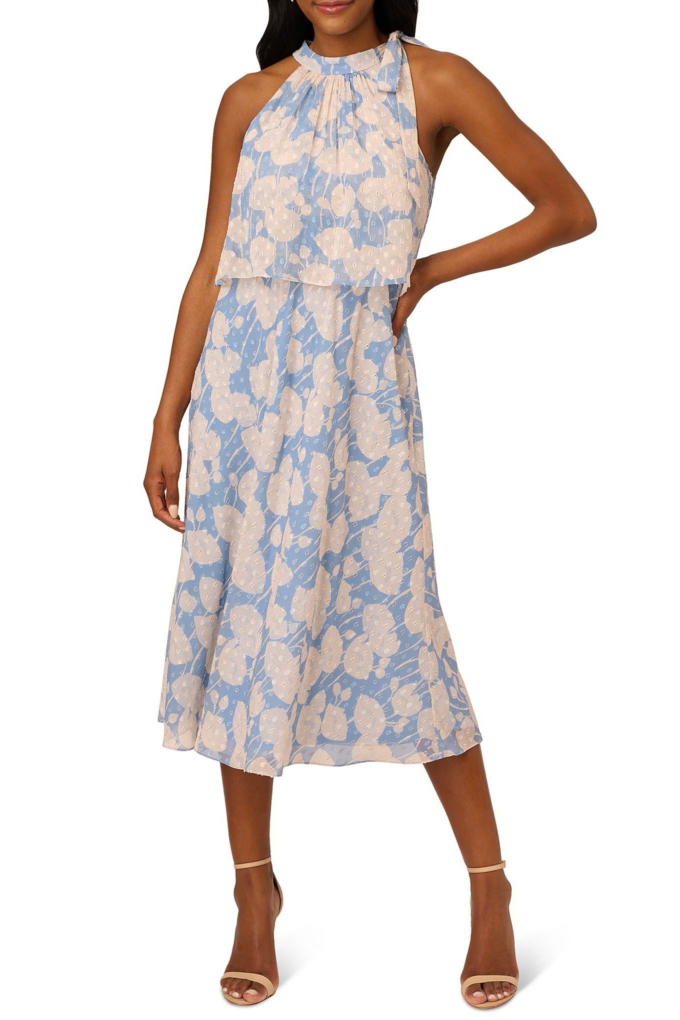 Adrianna Papell Halter Mock Neck Blouson Floral Print Chiffon Dress | Available at Curated Brands in Los Angeles Adrianna Papell Halter Mock Neck Blouson Floral Print Chiffon Dress | Available at Curated Brands in Los Angeles
