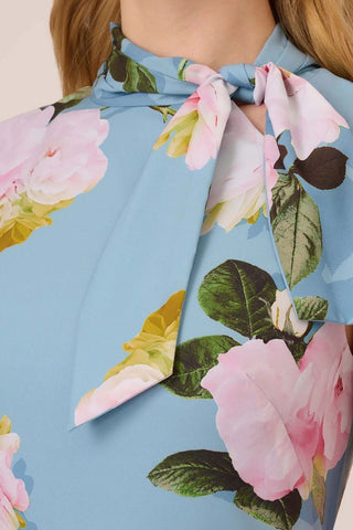 Adrianna Papell Tie Neck Sleeveless Zipper Back Floral Print Slit Side Crepe Dress