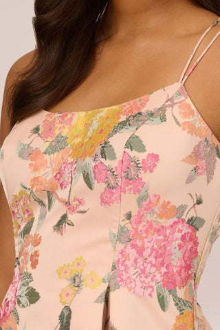 Adrianna Papell spaghetti strap zipper closure box pleat floral jacquard dress