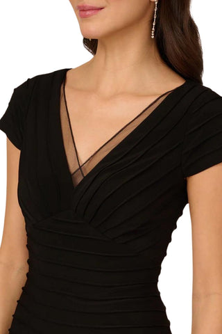 Adrianna Papell V-Neck Lace Pintuck Sheath Jersey Dress - Black - Detail