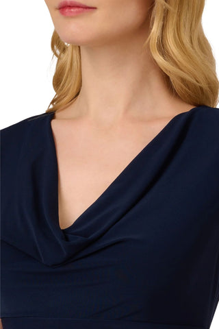 Adrianna Papell V-Neck Stretch Jersey Cap Sleeve Banded Sheath Dress - Midnight_Front Neck View