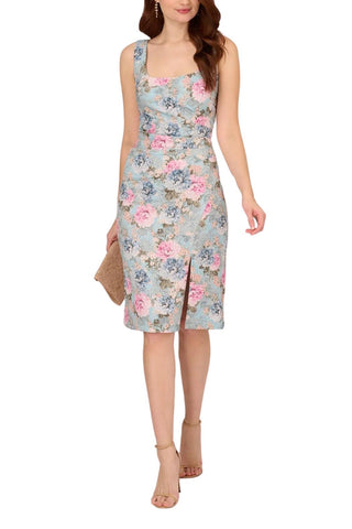 Adrianna Papell Floral Matelasse Square Neck Sheath Dress - Blue Multi - Front