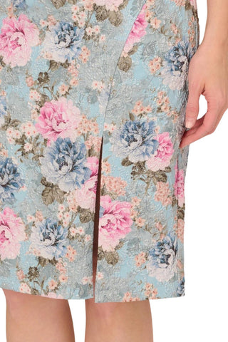 Adrianna Papell Floral Matelasse Square Neck Sheath Dress - Blue Multi - Fabric