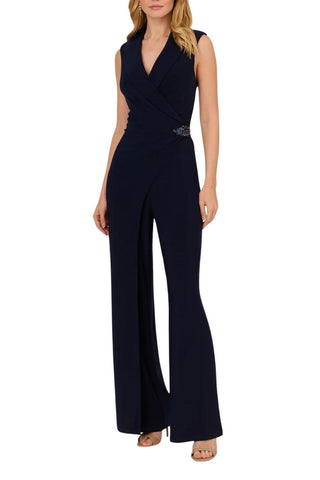 Adrianna Papell Sleeveless Shawl Neck Jersey Wide Leg Jumpsuit - Midnight - Front