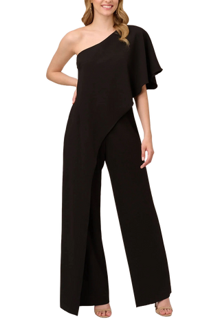 Adrianna Papell Asymmetrical One Shoulder Cape Sleeve Stretch Crepe Solid Jumpsuit