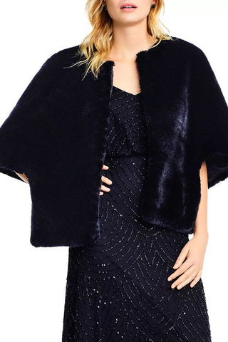 Adrianna Papell Crew Neck Open Front Cape Sleeve Faux Fur Jacket