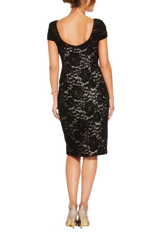 Adrianna Papell Boat Neck Cap Sleeve Zipper Back Floral Lace Dress - Black/Nude - Back