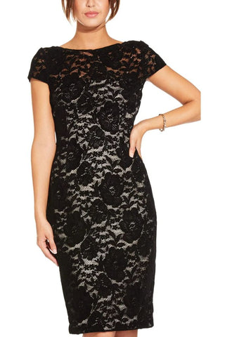 Adrianna Papell Boat Neck Cap Sleeve Zipper Back Floral Lace Dress - Black/Nude - Front