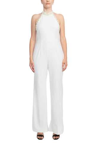 Adrianna Papell Embellished Halter Neck Open Zipper Back Solid Stretch Knit Crepe Jumpsuit