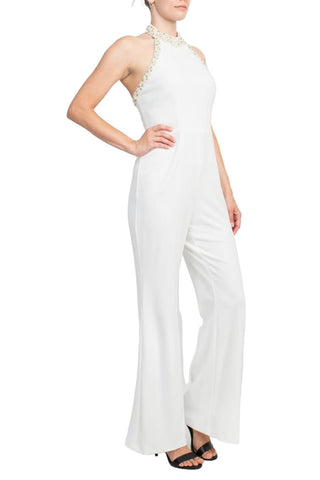 Adrianna Papell Embellished Halter Neck Open Zipper Back Solid Stretch Knit Crepe Jumpsuit