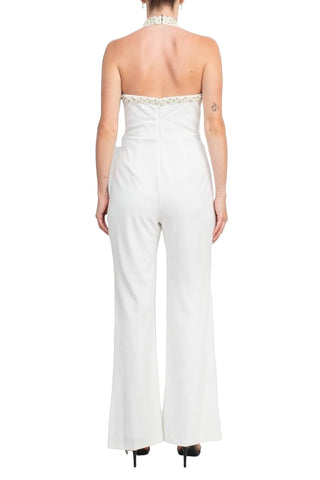 Adrianna Papell Embellished Halter Neck Open Zipper Back Solid Stretch Knit Crepe Jumpsuit