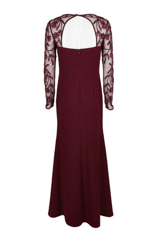 Adrianna Papell Square Neck Embellished Trumpet Long Sleeve Cutout Back Zipper Back Mesh Gown