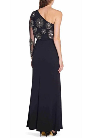 Adrianna Papell One Shoulder Long Sleeve Blouson Embellished Mesh Crepe Gown