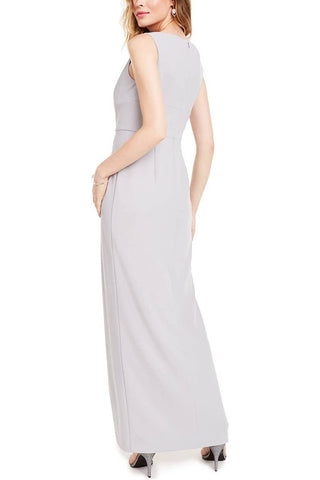 Adrianna Papell V-Neck Sleeveless Pleated Zipper Back Solid Crepe Dress