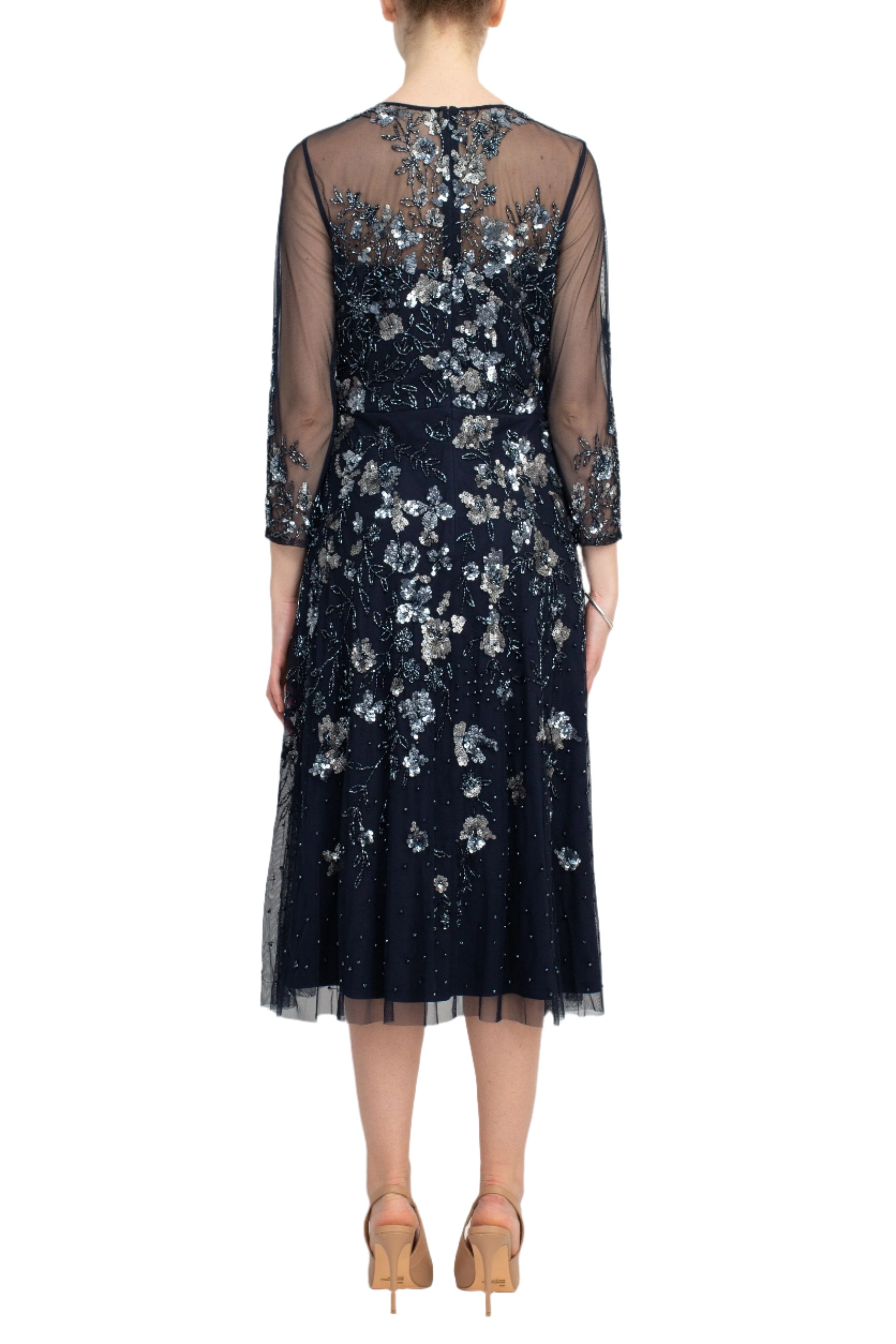 Adrianna Papell Crew Neck 3/4 Sleeves Back Zipper Beaded Floral Dress Adrianna Papell Crew Neck 3/4 Sleeves Back Zipper Beaded Floral Dress