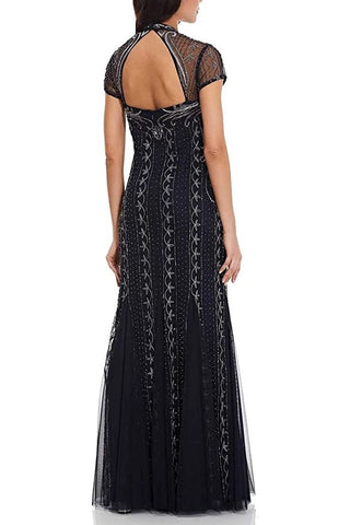 Adrianna Papell V-Neck Sort Sleeve Godet Cutout Back Embellished Mesh Gown