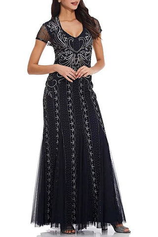 Adrianna Papell V-Neck Sort Sleeve Godet Cutout Back Embellished Mesh Gown