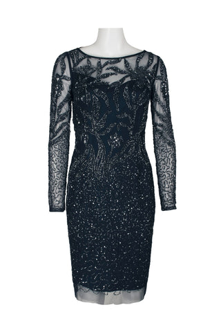 Adrianna Papell Boat Neck Long Sleeve Illusion Sequined Beaded Zipper Back Bodycon Mesh Dress - MIDNIGHT - Front full view