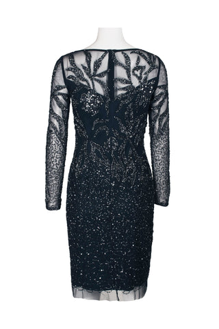 Adrianna Papell Boat Neck Long Sleeve Illusion Sequined Beaded Zipper Back Bodycon Mesh Dress - MIDNIGHT - Back 