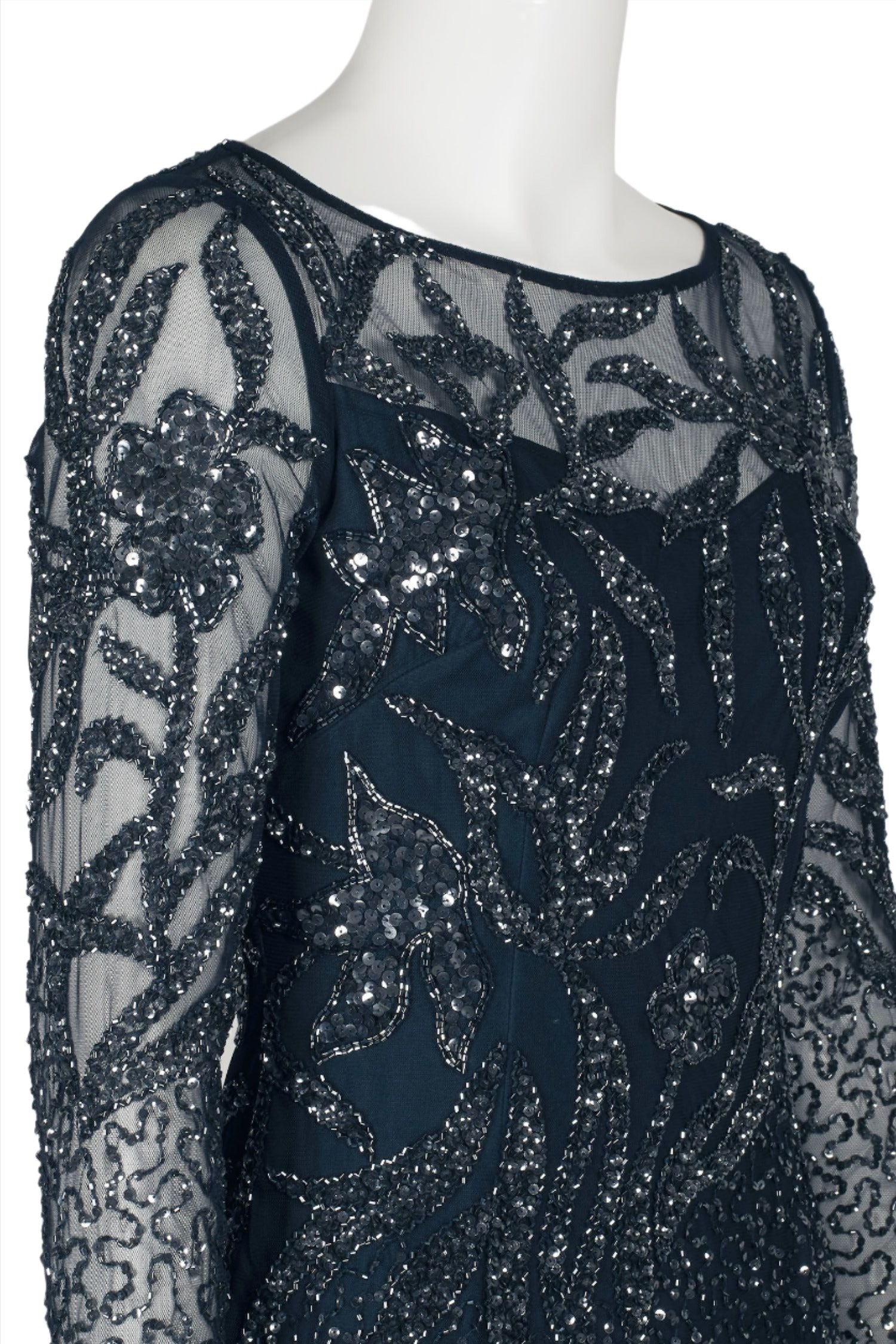 Adrianna Papell Boat Neck Long Sleeve Illusion Sequined Beaded Zipper Back Bodycon Mesh Dress | Available at Curated Brands in Los Angeles Adrianna Papell Boat Neck Long Sleeve Illusion Sequined Beaded Zipper Back Bodycon Mesh Dress | Available at Curated Brands in Los Angeles