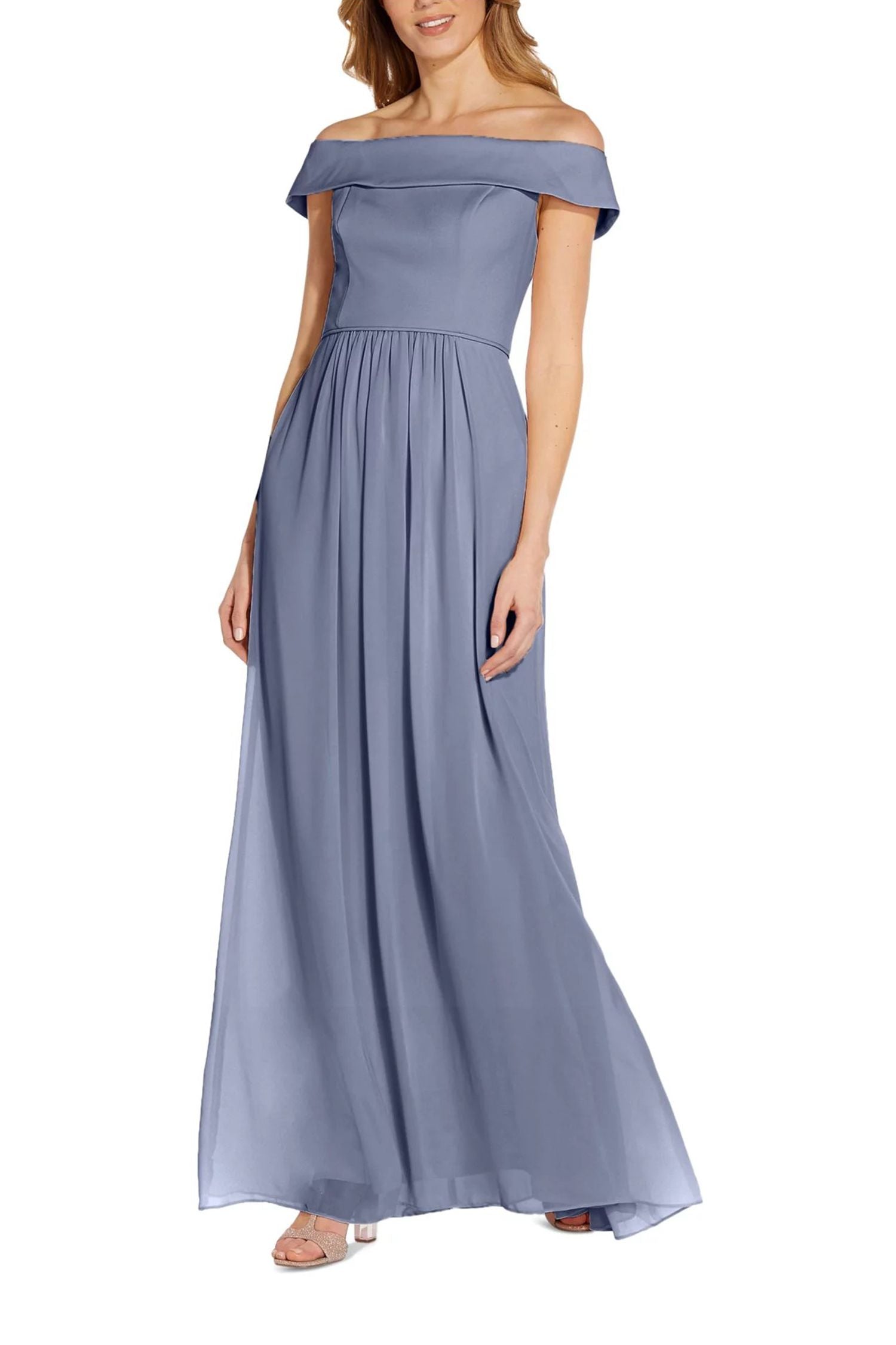 Adrianna Papell Off Shoulder Zipper Back Ruched Piping Detail Crepe Chiffon Dress