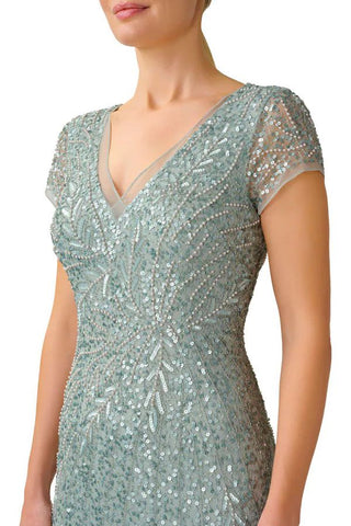 Adrianna Papell Sequin Beaded Short Sleeve V-Neck Mermaid Gown - FROSTED SAGE - Fabric 