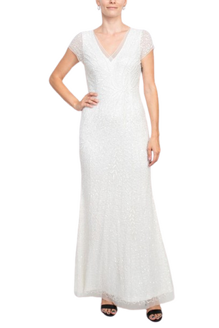 Adrianna Papell Sequin Beaded Short Sleeve V-Neck Mermaid Gown - IVORY - Front full view